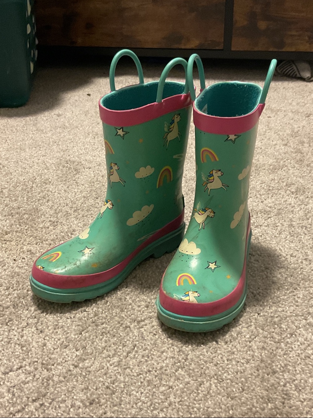 Kids Unicorn Rain Boots in Teal with Pink Trim